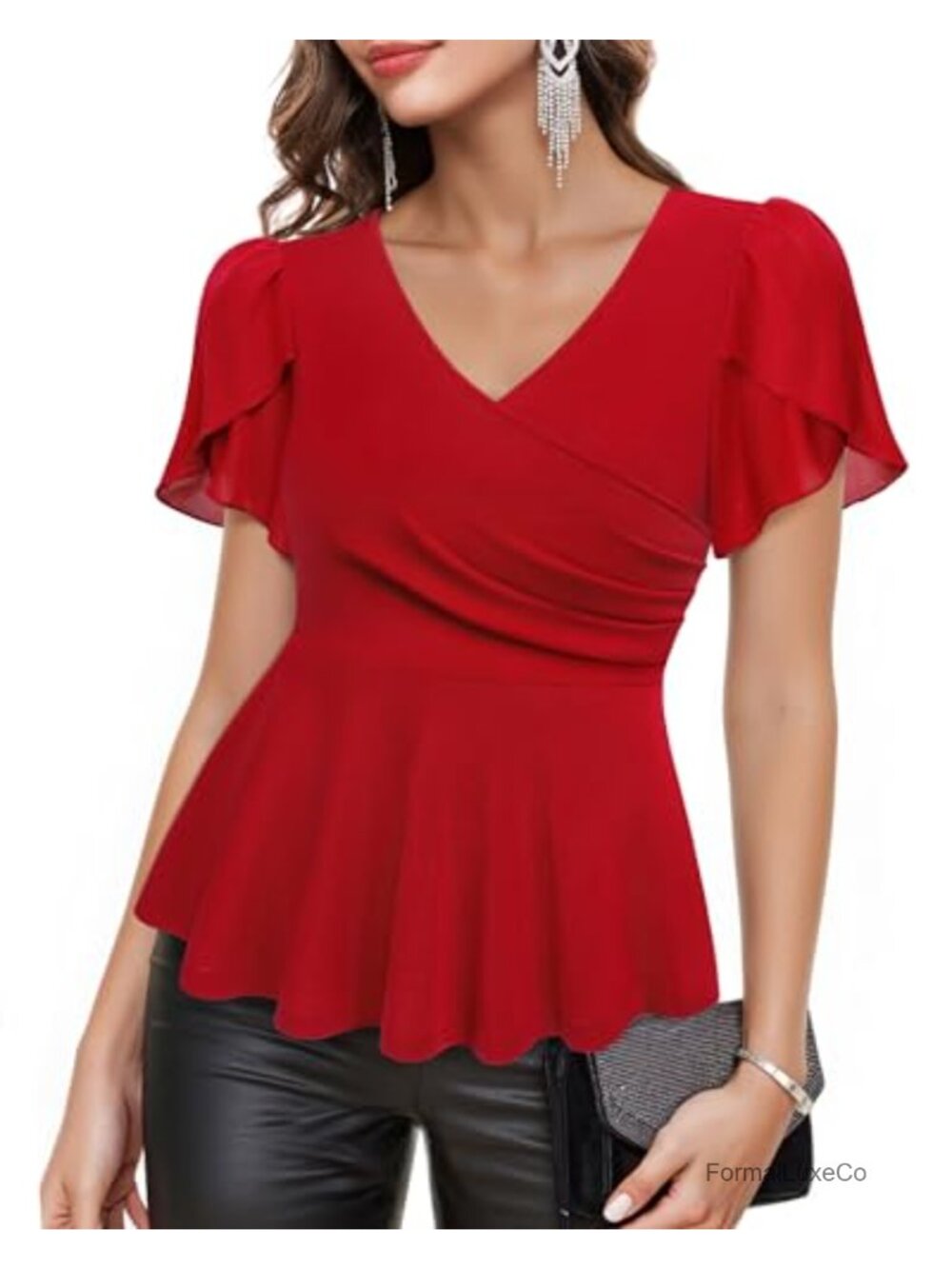 Peplum Top Dressy Casual Petal Sleeve Mesh Wrap Blouse